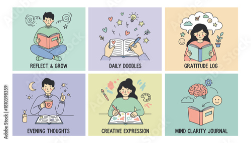 Journaling and selfcare icons reflection gratitude creative expression and mental clarity