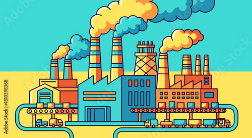 Vibrant illustration of a busy factory with pollution smokestacks production line and trucks