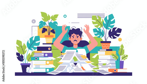 Stressed person buried under office paperwork symbolizing overload deadlines and anxiety