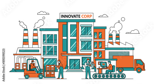 Innovate Corp factory illustration showing logistics production and industrial business operations