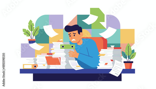 Overwhelmed employee buried in a mountain of office paperwork facing stress and deadline pressure