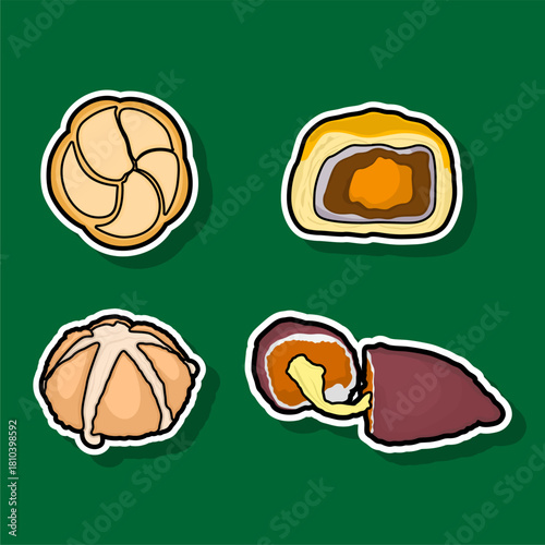 Assortment of Delicious Asian Pastries and Desserts, Stickers Set