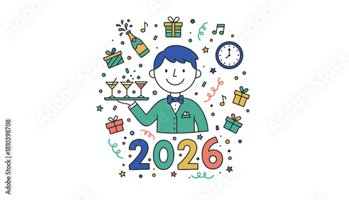 Happy 2026 New Year party illustration with a smiling waiter serving drinks