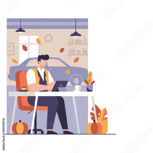 Professional working remotely on a tablet enjoying coffee and autumn vibes