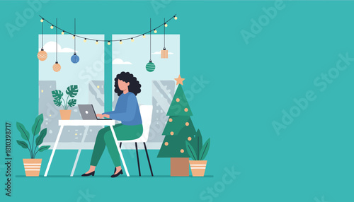Remote work during the holidays Woman using laptop in festive home office setting