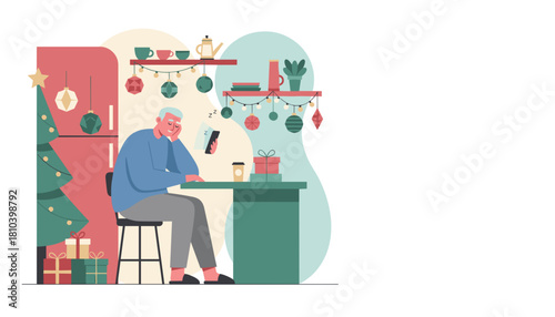 Exhausted senior man naps while holding phone during the holiday season