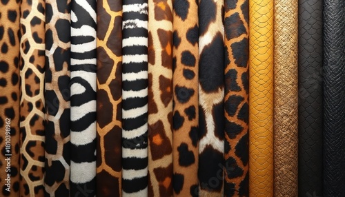 Rolls of animal skins like leopard giraffe zebra and snake display diverse natural textures and patterns. These varied wild prints offer unique design options for fashion and decor projects.