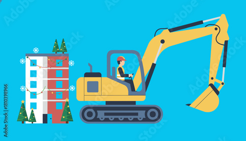 Yellow excavator and operator working near an apartment building decorated for Christmas and winter construction
