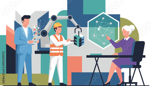 Team of professionals uses robotic automation and data analysis for smart manufacturing