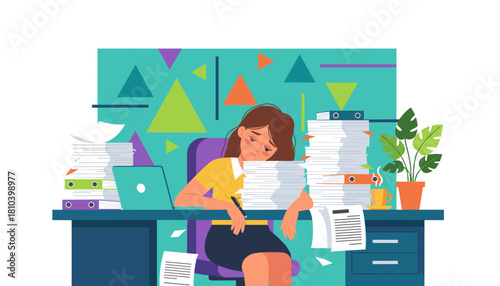 Overworked employee suffering burnout exhausted by heavy paperwork and demanding office workload