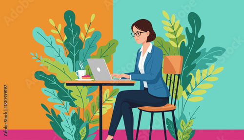 Businesswoman works on laptop in vibrant cafe garden setting representing remote work and freelance productivity