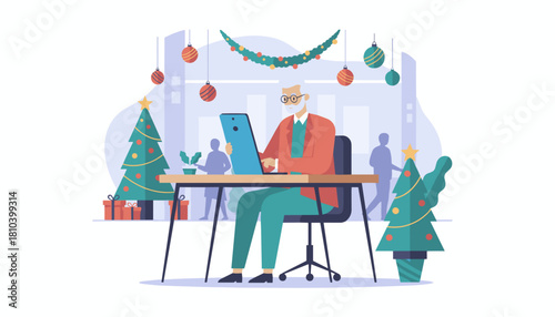 Senior businessman works on tablet in a modern office decorated for the Christmas holiday season