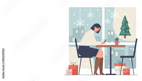 Isolated woman uses phone during snowy Christmas Holiday depression vector illustration