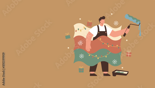 DIY painter man preparing for Christmas surrounded by gifts snowflakes and lights Festive renovation