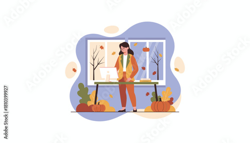 Stressed businesswoman working during autumn dealing with burnout and seasonal sadness