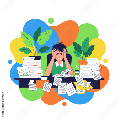 Stressed employee or student overwhelmed by heavy workload paperwork and looming deadlines