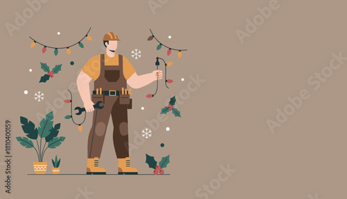 Handyman installing Christmas lights holding a wrench Holiday service concept illustration