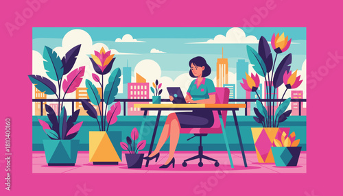 Businesswoman working on a rooftop garden desk with city views Remote office lifestyle