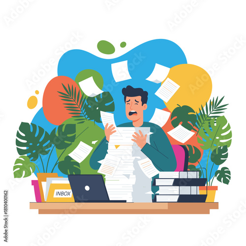Overwhelmed worker drowning in paperwork and office stress