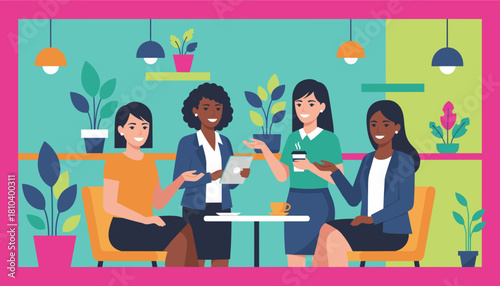 Happy diverse business team meeting and collaborating in a vibrant casual office environment