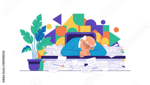 Exhausted senior worker sleeps overwhelmed by piles of paperwork and bureaucracy Stress and burnout concept