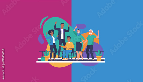 Diverse happy team celebrating unity and inclusion on a vibrant background Corporate teamwork concept