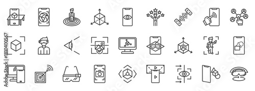 augmented reality icon set collection in outline style. icon pack contain virtual, augment, immersive, 3d, mixed, surrounding, world, vr, glases, mobile projector  icon