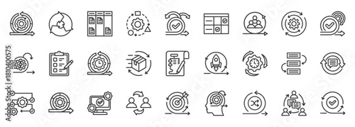 agile icon set collection in outline style. icon pack contain scrum, sprint, kanban, flow, cycle, interaction, task, board, team, communication icon