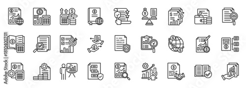 ifrs icon set collection in outline style. icon pack contain accounting, standard, financial, reporting, statement, balance, presentation, asset, liability, equity icon
