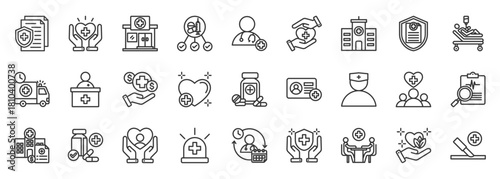 medicare icon set collection in outline style. icon pack contain health, care, doctor, nurse, hospital, medical, clinic, patient, treatment, card icon