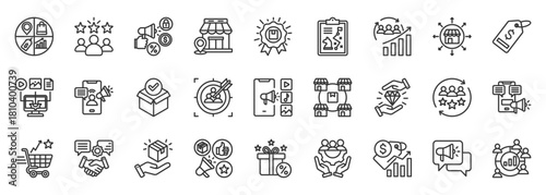 marketing mix icon set collection in outline style. icon pack contain product, price, place, promotion, brand, market, strategy, customer, value, advertisement icon