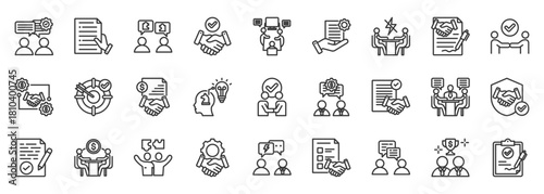 negotiation icon set collection in outline style. icon pack contain deal, agreement, talk, discuss, bargain, contract, offer, terms, collaboration, partner icon