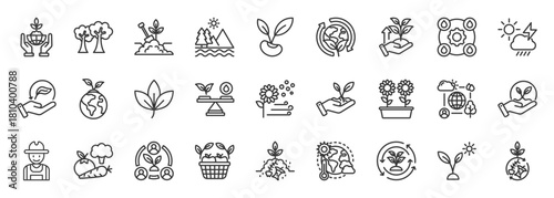 permaculture icon set collection in outline style. icon pack contain nature, soil, plant, water, earth, grow, seed, regenerative, tree, ecosystem icon