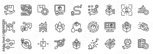product management icon set collection in outline style. icon pack contain roadmap, metric, strategy, vision, iteration, market analysis, development, design, growth, quality icon