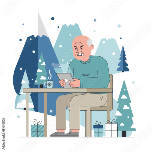 Frustrated elderly man trying to use a tablet during the winter holidays