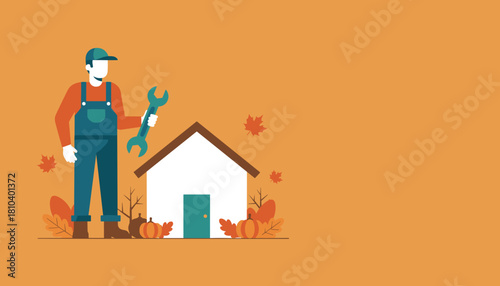 Fall home maintenance service illustration with handyman and wrench