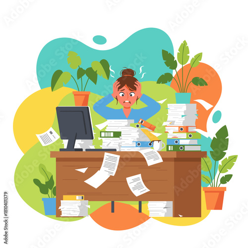 Overworked employee buried in paperwork illustrating extreme workplace stress and heavy workload concept