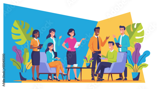 Diverse business team meeting and discussing strategy in a colorful modern office lounge setting