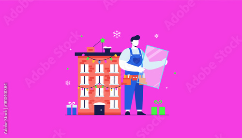 Repairman carrying glass near a holidaydecorated building Winter service illustration