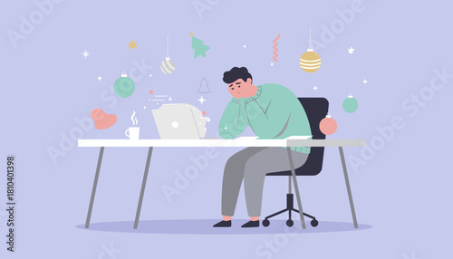 Stressed man suffering holiday burnout working on laptop at desk with Christmas decorations