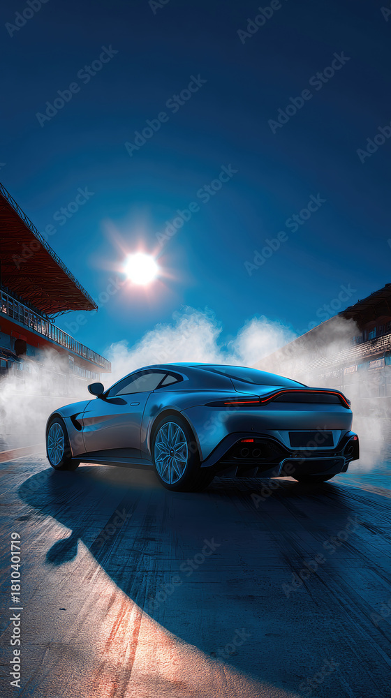 Naklejka premium Sleek Sports Car on Track Amidst Smoke Under Sunny Sky - Dynamic Racing Scene