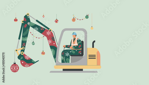 Seasonal construction worker driving a festive excavator decorated for Christmas holidays