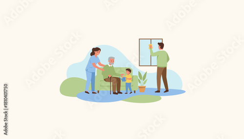 Elderly man receives home care from nurse and supportive family vector illustration