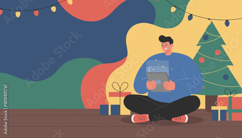 Happy man shopping online or connecting with tablet next to Christmas tree and gifts Holiday illustration