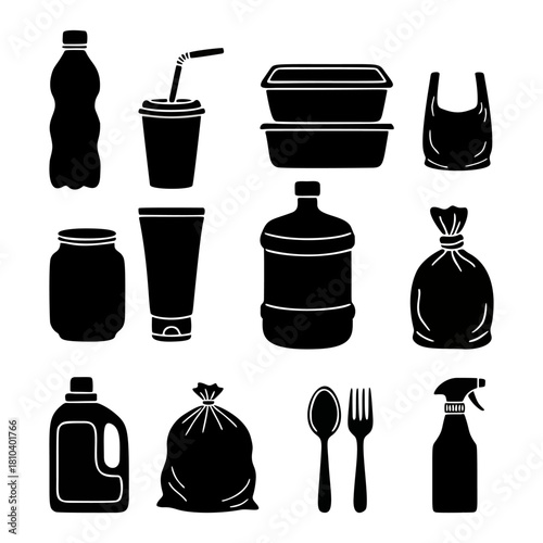 Plastic Waste and Packaging Black Silhouette Icon Set