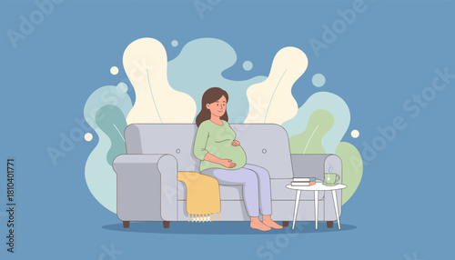 Expectant mother relaxing comfortably on a sofa at home enjoying maternal calm
