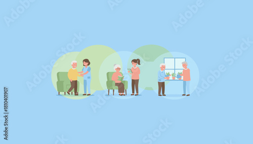 Caregivers assisting seniors with daily activities and companionship in a comfortable home setting