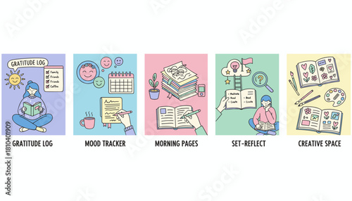Selfcare habits and journaling for mental wellness reflection and creativity Vector illustration