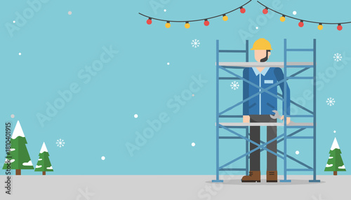 Construction worker on scaffolding installing festive holiday lights in the snow Winter setup vector