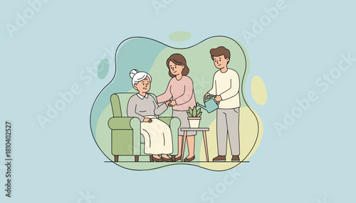 Loving family providing support and care for an elderly woman in a comfortable domestic setting